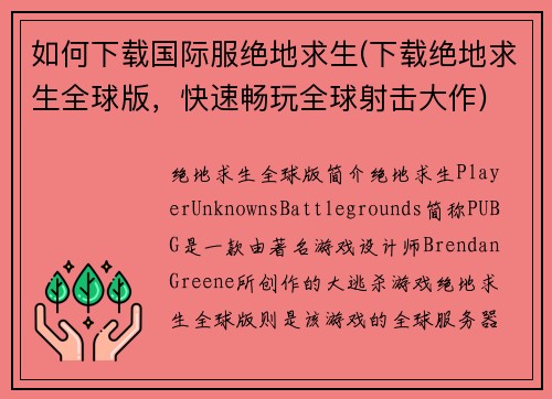 如何下载国际服绝地求生(下载绝地求生全球版，快速畅玩全球射击大作)